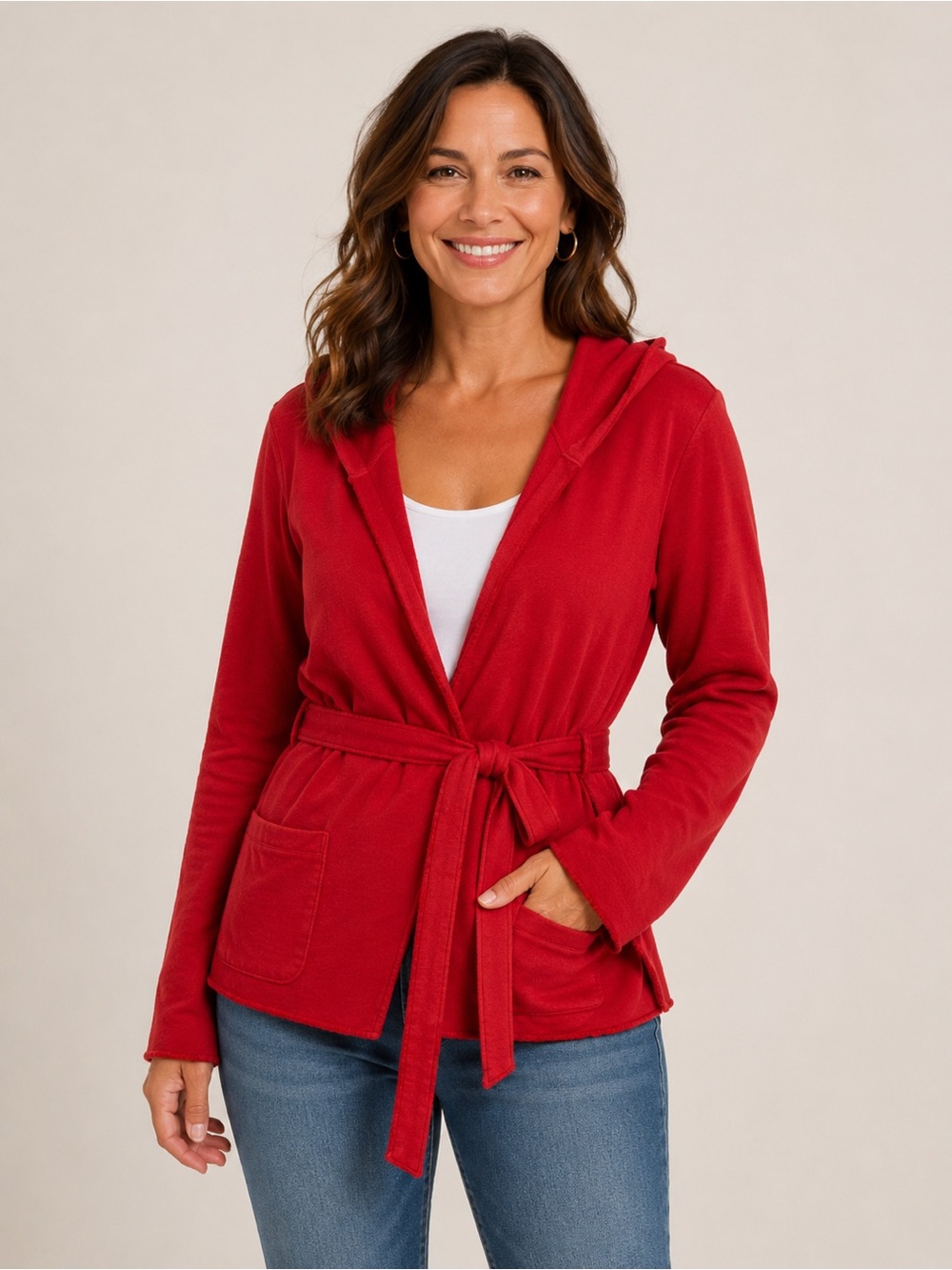 Lucky Brand Red Hooded Belted Wrap Sweatshirt 100% Cotton Jacket Size M Boho